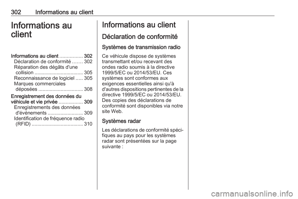 OPEL ZAFIRA C 2017.5 Manuel dutilisation (in French) 302Informations au clientInformations au
clientInformations au client ................302
Déclaration de conformité .......302
Réparation des dégâts d'une collision .......................... OPEL ZAFIRA C 2017.5 Manuel dutilisation (in French) 302Informations au clientInformations au
clientInformations au client ................302
Déclaration de conformité .......302
Réparation des dégâts d'une collision ..........................