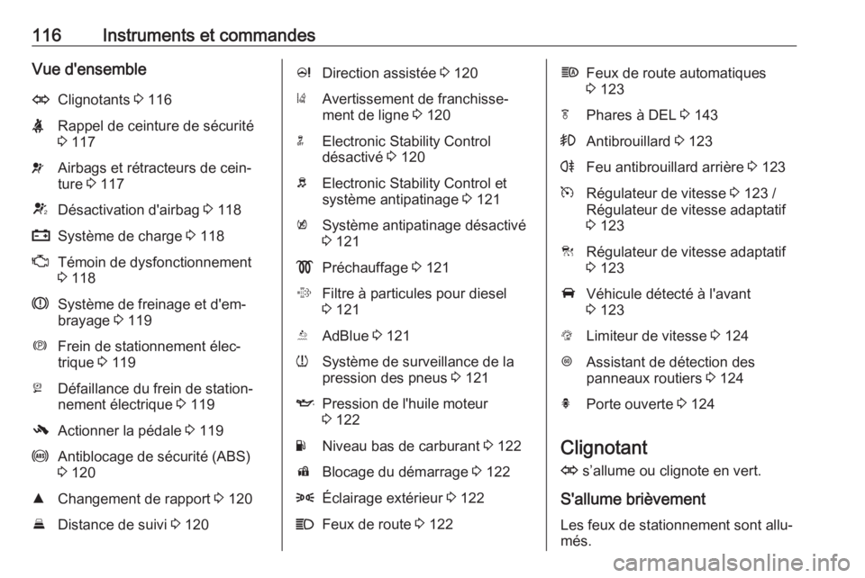OPEL ZAFIRA C 2018 Manuel dutilisation (in French) 116Instruments et commandesVue d'ensembleOClignotants 3 116XRappel de ceinture de sécurité
3 117vAirbags et rétracteurs de cein‐
ture 3 117VDésactivation d'airbag 3 118pSystème de ch OPEL ZAFIRA C 2018 Manuel dutilisation (in French) 116Instruments et commandesVue d'ensembleOClignotants 3 116XRappel de ceinture de sécurité
3 117vAirbags et rétracteurs de cein‐
ture 3 117VDésactivation d'airbag 3 118pSystème de ch