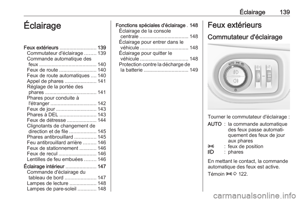 OPEL ZAFIRA C 2018 Manuel dutilisation (in French) Éclairage139ÉclairageFeux extérieurs.......................... 139
Commutateur d'éclairage ........139
Commande automatique des feux ......................................... 140
Feux de route OPEL ZAFIRA C 2018 Manuel dutilisation (in French) Éclairage139ÉclairageFeux extérieurs.......................... 139
Commutateur d'éclairage ........139
Commande automatique des feux ......................................... 140
Feux de route