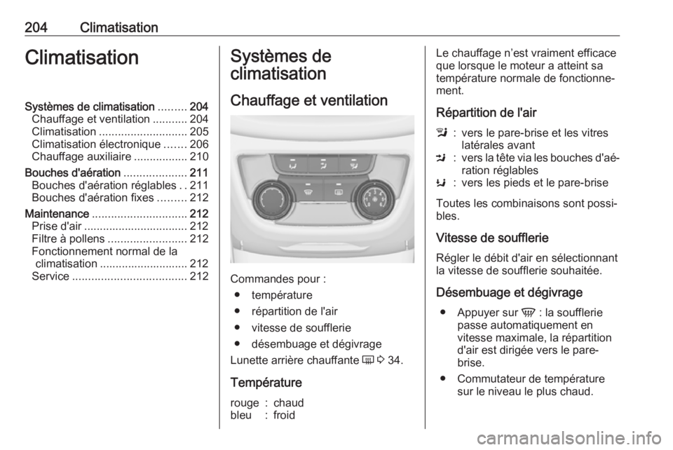 OPEL ZAFIRA C 2018 Manuel dutilisation (in French) 204ClimatisationClimatisationSystèmes de climatisation.........204
Chauffage et ventilation ...........204
Climatisation ............................ 205
Climatisation électronique .......206
Chauff OPEL ZAFIRA C 2018 Manuel dutilisation (in French) 204ClimatisationClimatisationSystèmes de climatisation.........204
Chauffage et ventilation ...........204
Climatisation ............................ 205
Climatisation électronique .......206
Chauff
