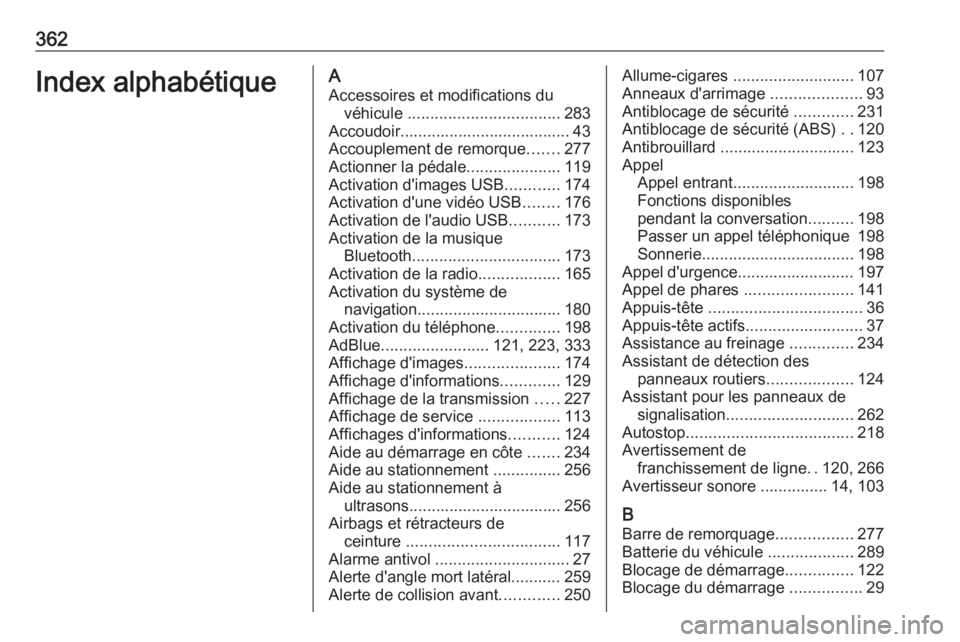 OPEL ZAFIRA C 2018 Manuel dutilisation (in French) 362Index alphabétiqueAAccessoires et modifications du véhicule .................................. 283
Accoudoir...................................... 43
Accouplement de remorque .......277
Actionne OPEL ZAFIRA C 2018 Manuel dutilisation (in French) 362Index alphabétiqueAAccessoires et modifications du véhicule .................................. 283
Accoudoir...................................... 43
Accouplement de remorque .......277
Actionne