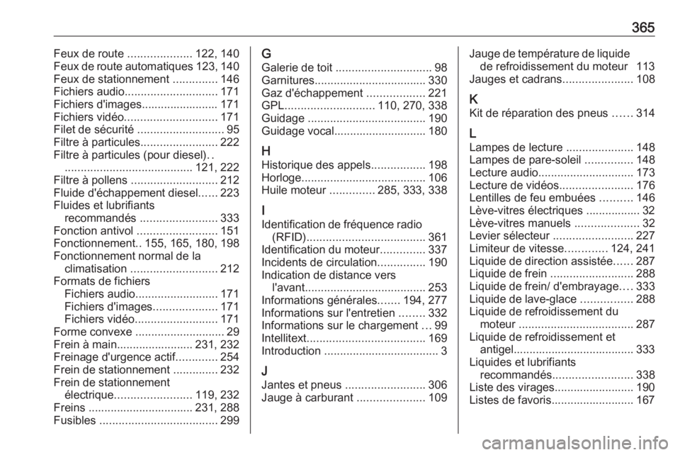 OPEL ZAFIRA C 2018 Manuel dutilisation (in French) 365Feux de route ....................122, 140
Feux de route automatiques 123, 140
Feux de stationnement ..............146
Fichiers audio ............................. 171
Fichiers d'images....... OPEL ZAFIRA C 2018 Manuel dutilisation (in French) 365Feux de route ....................122, 140
Feux de route automatiques 123, 140
Feux de stationnement ..............146
Fichiers audio ............................. 171
Fichiers d'images.......
