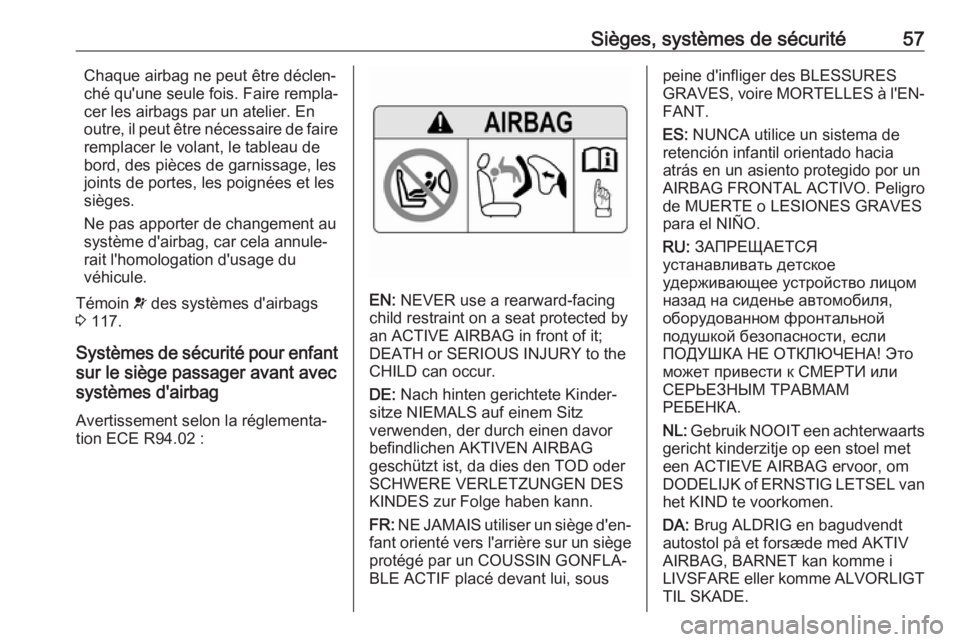 OPEL ZAFIRA C 2018  Manuel dutilisation (in French) Sièges, systèmes de sécurité57Chaque airbag ne peut être déclen‐
ché qu'une seule fois. Faire rempla‐
cer les airbags par un atelier. En
outre, il peut être nécessaire de faire
rempla