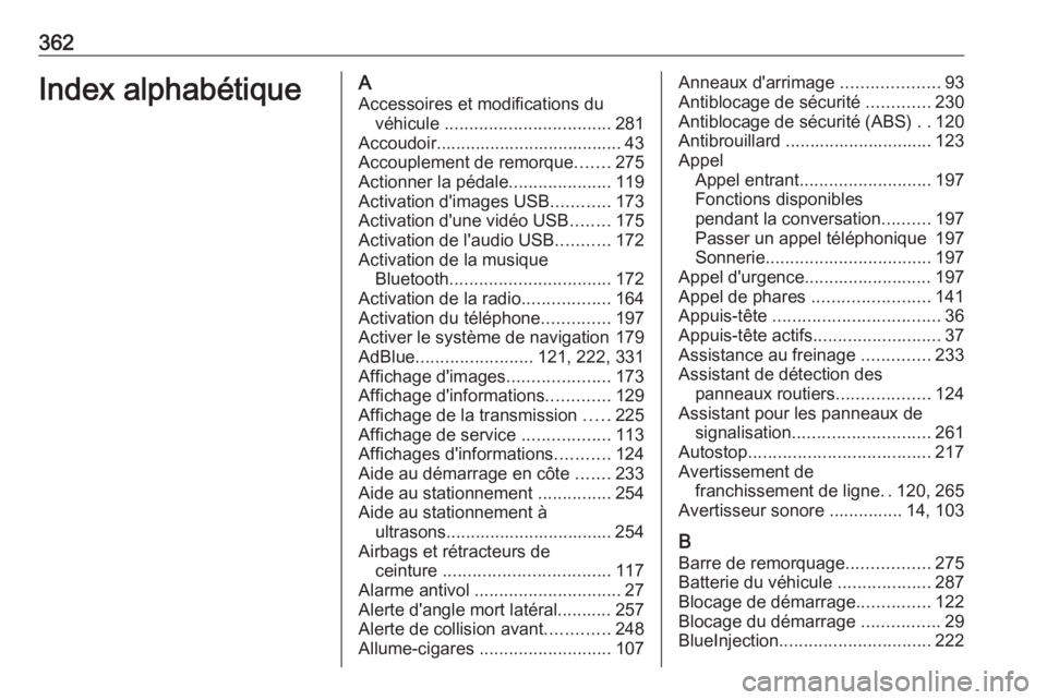 OPEL ZAFIRA C 2018.5 Manuel dutilisation (in French) 362Index alphabétiqueAAccessoires et modifications du véhicule .................................. 281
Accoudoir...................................... 43
Accouplement de remorque .......275
Actionne OPEL ZAFIRA C 2018.5 Manuel dutilisation (in French) 362Index alphabétiqueAAccessoires et modifications du véhicule .................................. 281
Accoudoir...................................... 43
Accouplement de remorque .......275
Actionne