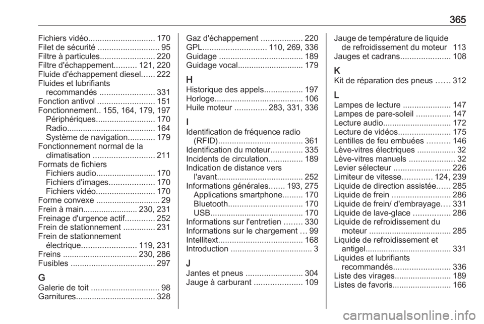 OPEL ZAFIRA C 2018.5 Manuel dutilisation (in French) 365Fichiers vidéo............................. 170
Filet de sécurité ........................... 95
Filtre à particules ........................220
Filtre d'échappement ..........121, 220
Fl OPEL ZAFIRA C 2018.5 Manuel dutilisation (in French) 365Fichiers vidéo............................. 170
Filet de sécurité ........................... 95
Filtre à particules ........................220
Filtre d'échappement ..........121, 220
Fl
