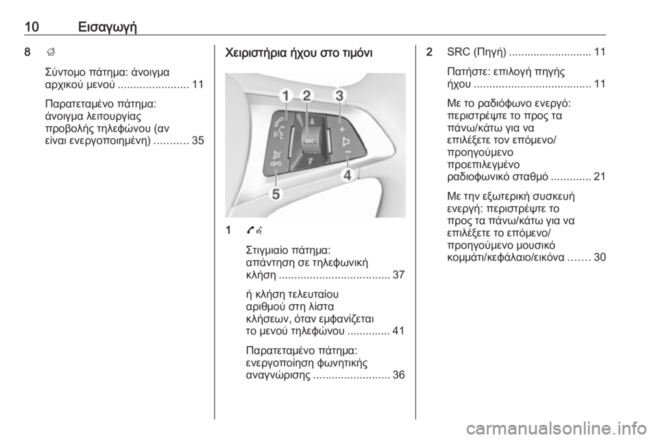 OPEL ADAM 2016.5  Εγχειρίδιο συστήματος Infotainment (in Greek) 10Εισαγωγή8;
Σύντομο πάτημα: άνοιγμα
αρχικού μενού ....................... 11
Παρατεταμένο πάτημα:
άνοιγμα λειτουργίας
πρ