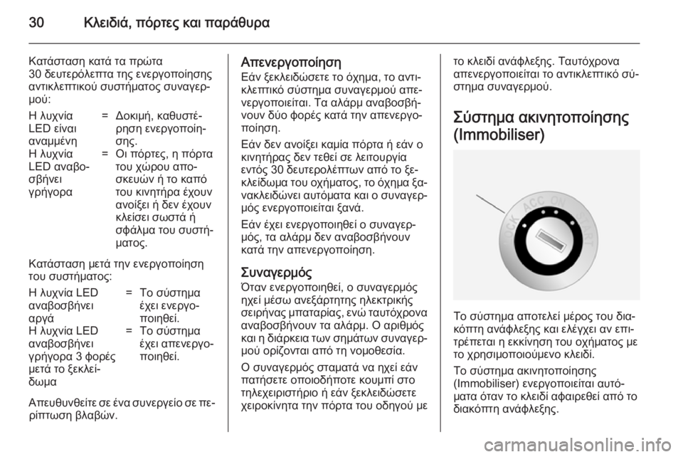 OPEL ANTARA 2014.5  Εγχειρίδιο Οδηγιών Χρήσης και Λειτουργίας (in Greek) 30Κλειδιά, πόρτες και παράθυρα
Κατάσταση κατά τα πρώτα
30 δευτερόλεπτα της ενεργοποίησης
αντικλεπτικού συστήμ