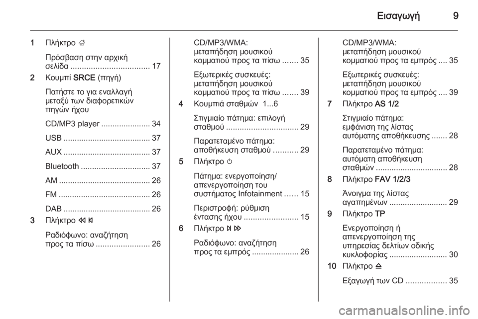 OPEL ASTRA J 2015  Εγχειρίδιο συστήματος Infotainment (in Greek) Εισαγωγή9
1Πλήκτρο  ;
Πρόσβαση στην αρχική
σελίδα ................................... 17
2 Κουμπί  SRCE (πηγή)
Πατήστε το για εναλλα�