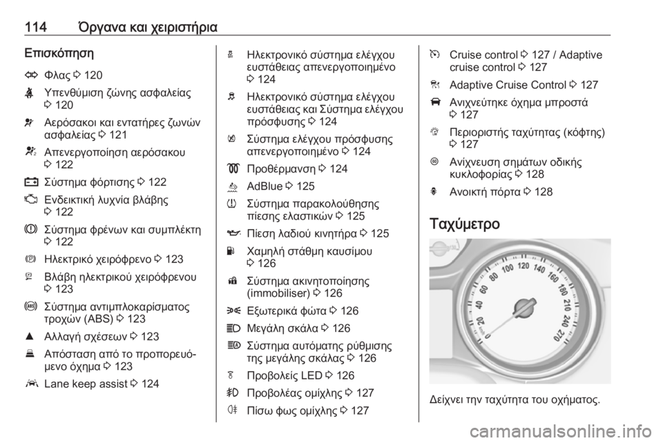 OPEL ASTRA K 2018.75 Εγχειρίδιο Οδηγιών Χρήσης και Λειτουργίας (in Greek) 114Όργανα και χειριστήριαΕπισκόπησηOΦλας 3 120XΥπενθύμιση ζώνης ασφαλείας
3 120vΑερόσακοι και εντατήρες ζωνών
ασ OPEL ASTRA K 2018.75 Εγχειρίδιο Οδηγιών Χρήσης και Λειτουργίας (in Greek) 114Όργανα και χειριστήριαΕπισκόπησηOΦλας 3 120XΥπενθύμιση ζώνης ασφαλείας
3 120vΑερόσακοι και εντατήρες ζωνών
ασ