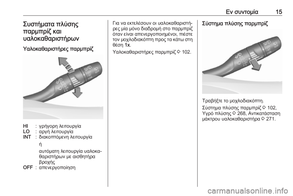 OPEL ASTRA K 2018.75  Εγχειρίδιο Οδηγιών Χρήσης και Λειτουργίας (in Greek) Εν συντομία15Συστήματα πλύσης
παρμπρίζ και υαλοκαθαριστήρων
Υαλοκαθαριστήρες παρμπρίζHI:γρήγορη λειτουργίαL