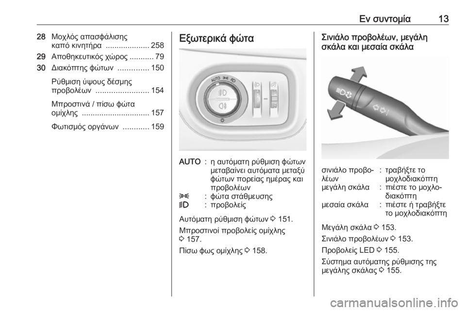 OPEL ASTRA K 2019.5  Εγχειρίδιο Οδηγιών Χρήσης και Λειτουργίας (in Greek) Εν συντομία1328Μοχλός απασφάλισης
καπό κινητήρα  ....................258
29 Αποθηκευτικός χώρος ...........79
30 Διακόπτης φώτων 
