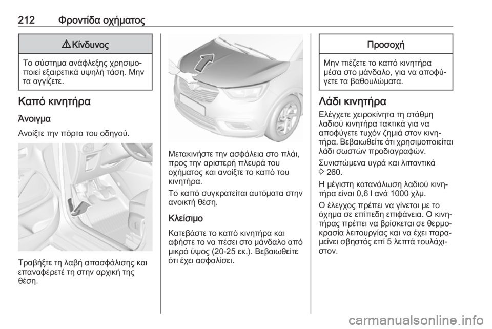 OPEL CROSSLAND X 2019  Εγχειρίδιο Οδηγιών Χρήσης και Λειτουργίας (in Greek) 212Φροντίδα οχήματος9Κίνδυνος
Το σύστημα ανάφλεξης χρησιμο‐
ποιεί εξαιρετικά υψηλή τάση. Μην τα αγγίζετε.
Καπ