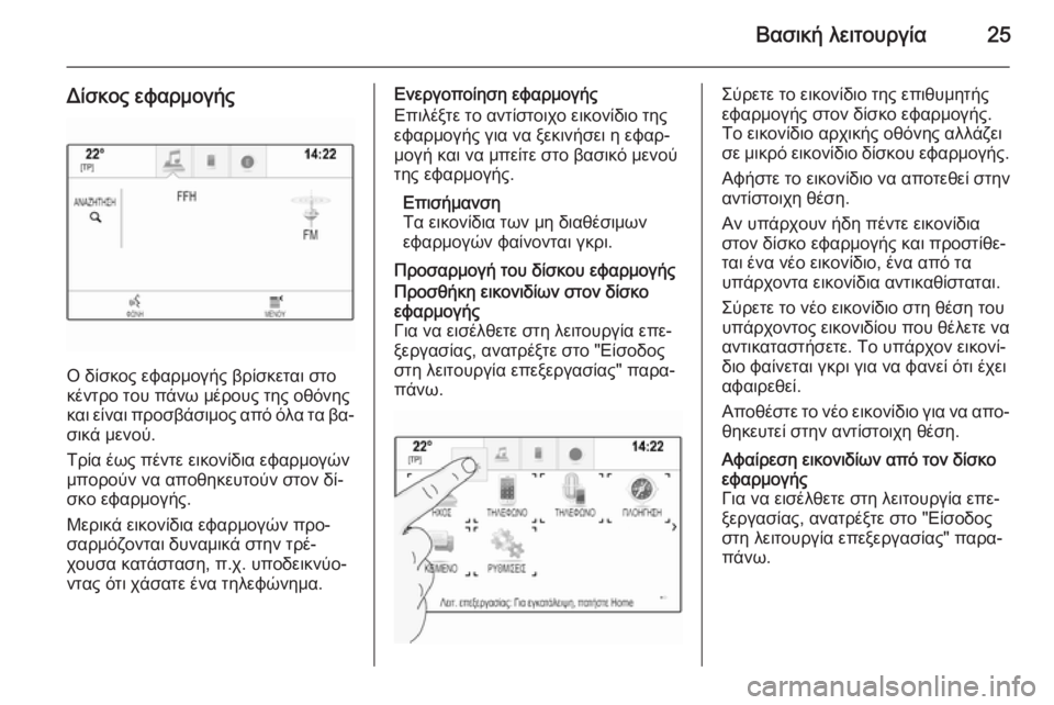 OPEL INSIGNIA 2014  Εγχειρίδιο συστήματος Infotainment (in Greek) Βασική λειτουργία25
Δίσκος εφαρμογής
Ο δίσκος εφαρμογής βρίσκεται στο
κέντρο του πάνω μέρους της οθόνης
και ε