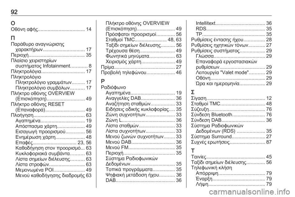OPEL INSIGNIA 2016  Εγχειρίδιο συστήματος Infotainment (in Greek) 92Ο
Οθόνη αφής .................................. 14
Π Παράθυρο αναγνώρισης χαρακτήρων .............................. 17
Περιοχή.........................