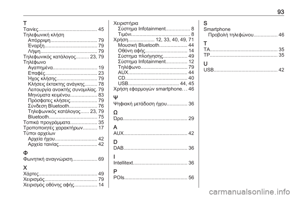 OPEL INSIGNIA 2016.5  Εγχειρίδιο συστήματος Infotainment (in Greek) 93Τ
Ταινίες........................................... 45
Τηλεφωνική κλήση Απόρριψη .................................. 79
Έναρξη ..................................