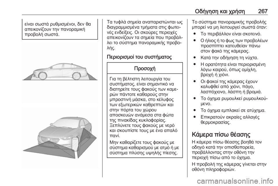 OPEL INSIGNIA BREAK 2019  Εγχειρίδιο Οδηγιών Χρήσης και Λειτουργίας (in Greek) Οδήγηση και χρήση267είναι σωστά ρυθμισμένοι, δεν θα
απεικονίζουν την πανοραμική
προβολή σωστά.Τα τυφλά σημεία