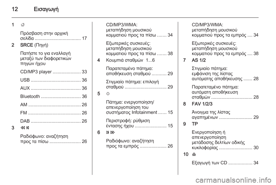 OPEL MERIVA 2015.5  Εγχειρίδιο συστήματος Infotainment (in Greek) 12Εισαγωγή
1;
Πρόσβαση στην αρχική
σελίδα ................................... 17
2 SRCE  (Πηγή)
Πατήστε το για εναλλαγή
μεταξύ των δι