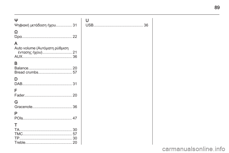OPEL MERIVA 2015.5  Εγχειρίδιο συστήματος Infotainment (in Greek) 89
Ψ
Ψηφιακή μετάδοση ήχου............... 31
Ω Ώρα ............................................... 22
A Auto volume (Αυτόματη ρύθμιση έντασης ήχου) ..