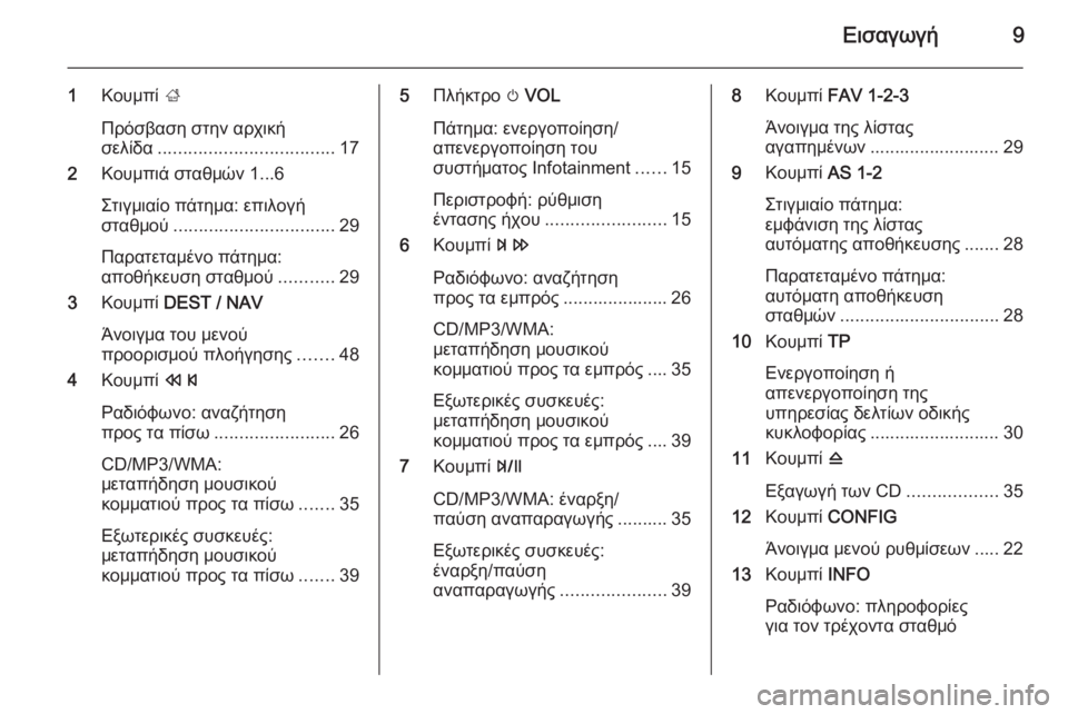 OPEL MOKKA 2015  Εγχειρίδιο συστήματος Infotainment (in Greek) Εισαγωγή9
1Κουμπί  ;
Πρόσβαση στην αρχική
σελίδα ................................... 17
2 Κουμπιά σταθμών 1...6
Στιγμιαίο πάτημα: ε�