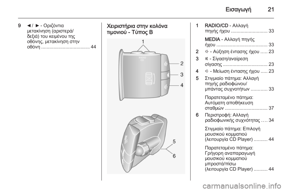 OPEL VIVARO B 2014.5  Εγχειρίδιο συστήματος Infotainment (in Greek) Εισαγωγή21
9_ /   6  - Οριζόντια
μετακίνηση (αριστερά/
δεξιά) του κειμένου της
οθόνης, μετακίνηση στην
οθόνη ............