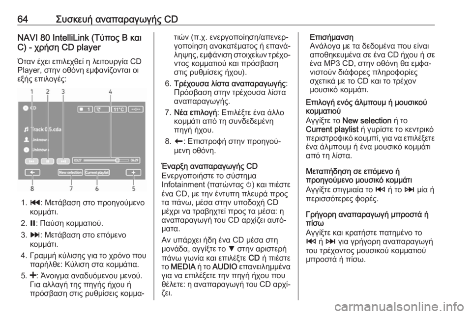 OPEL VIVARO B 2018  Εγχειρίδιο συστήματος Infotainment (in Greek) 64Συσκευή αναπαραγωγής CDNAVI 80 IntelliLink (Τύπος B και
C) - χρήση CD player
Όταν έχει επιλεχθεί η λειτουργία CD
Player, στην οθόν
