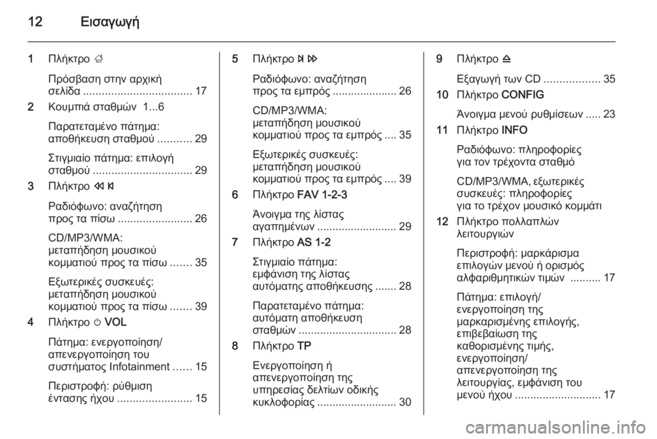 OPEL ZAFIRA C 2014.5  Εγχειρίδιο συστήματος Infotainment (in Greek) 12Εισαγωγή
1Πλήκτρο  ;
Πρόσβαση στην αρχική
σελίδα ................................... 17
2 Κουμπιά σταθμών  1...6
Παρατεταμένο πάτ�