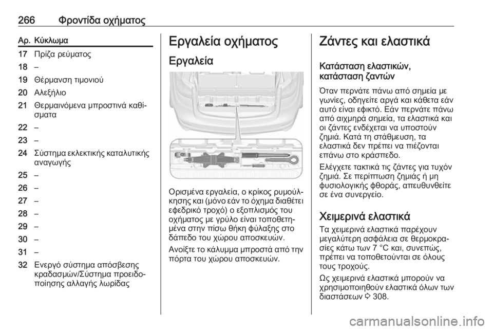 OPEL ZAFIRA C 2017.25 Εγχειρίδιο Οδηγιών Χρήσης και Λειτουργίας (in Greek) 266Φροντίδα οχήματοςΑρ.Κύκλωμα17Πρίζα ρεύματος18–19Θέρμανση τιμονιού20Αλεξήλιο21Θερμαινόμενα μπροστινά καθί‐
OPEL ZAFIRA C 2017.25 Εγχειρίδιο Οδηγιών Χρήσης και Λειτουργίας (in Greek) 266Φροντίδα οχήματοςΑρ.Κύκλωμα17Πρίζα ρεύματος18–19Θέρμανση τιμονιού20Αλεξήλιο21Θερμαινόμενα μπροστινά καθί‐