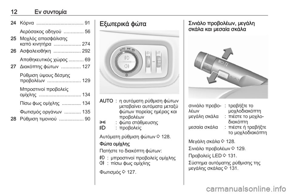 OPEL ZAFIRA C 2019  Εγχειρίδιο Οδηγιών Χρήσης και Λειτουργίας (in Greek) 12Εν συντομία24Κόρνα  ................................... 91
Αερόσακος οδηγού  ..............56
25 Μοχλός απασφάλισης
καπό κινητήρα  ........