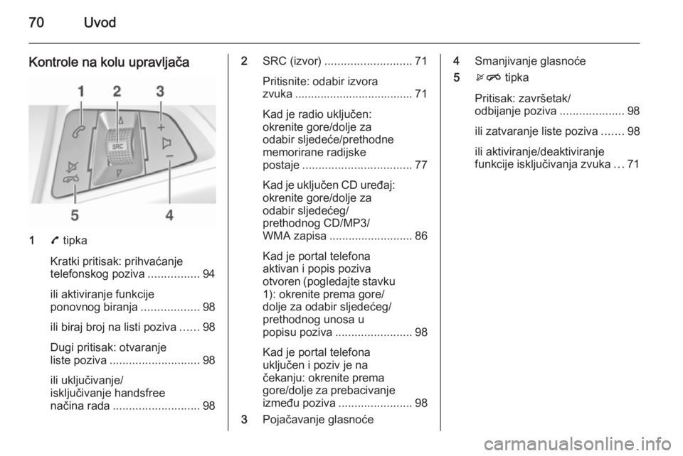 OPEL ADAM 2014.5 Priručnik za Infotainment (in Croatian) 70Uvod
Kontrole na kolu upravljača
17 tipka
Kratki pritisak: prihvaćanje telefonskog poziva ................94
ili aktiviranje funkcije
ponovnog biranja ..................98
ili biraj broj na listi OPEL ADAM 2014.5 Priručnik za Infotainment (in Croatian) 70Uvod
Kontrole na kolu upravljača
17 tipka
Kratki pritisak: prihvaćanje telefonskog poziva ................94
ili aktiviranje funkcije
ponovnog biranja ..................98
ili biraj broj na listi