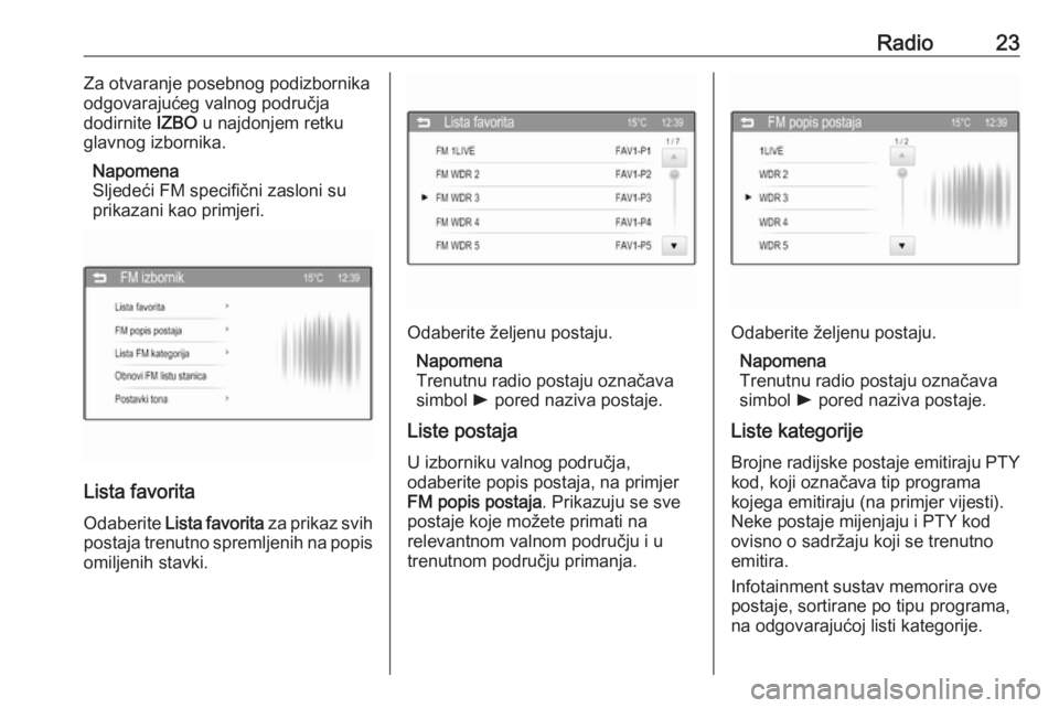 OPEL ADAM 2016  Priručnik za Infotainment (in Croatian) Radio23Za otvaranje posebnog podizbornika
odgovarajućeg valnog područja
dodirnite  IZBO u najdonjem retku
glavnog izbornika.
Napomena
Sljedeći FM specifični zasloni su prikazani kao primjeri.
List