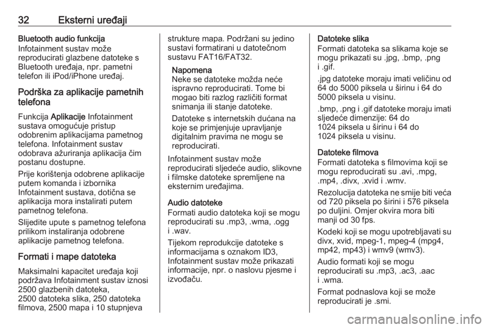 OPEL ADAM 2016  Priručnik za Infotainment (in Croatian) 32Eksterni uređajiBluetooth audio funkcija
Infotainment sustav može
reproducirati glazbene datoteke s
Bluetooth uređaja, npr. pametni
telefon ili iPod/iPhone uređaj.
Podrška za aplikacije pametni
