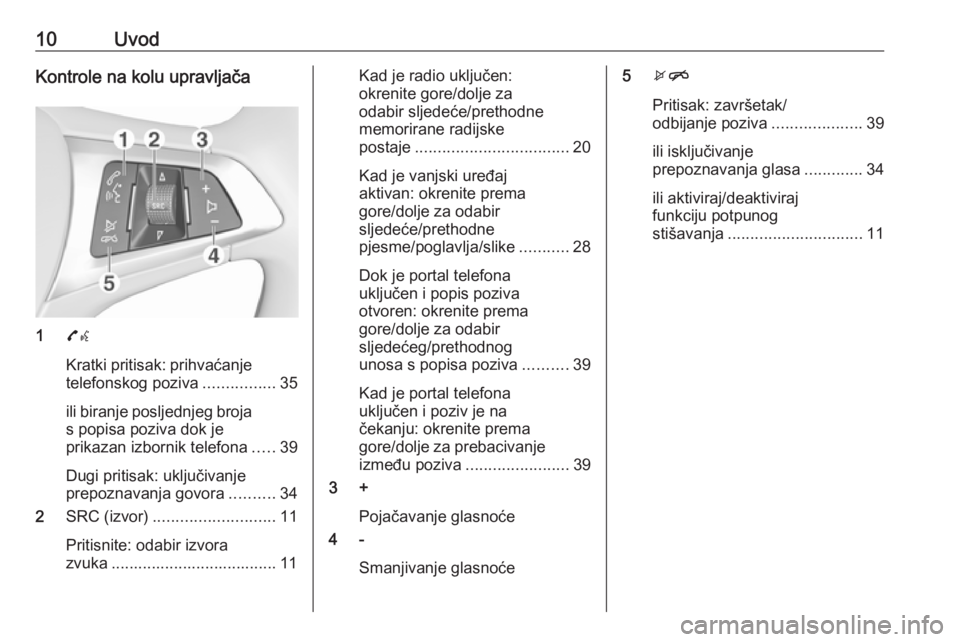 OPEL ADAM 2016.5  Priručnik za Infotainment (in Croatian) 10UvodKontrole na kolu upravljača
17w
Kratki pritisak: prihvaćanje telefonskog poziva ................35
ili biranje posljednjeg broja
s popisa poziva dok je
prikazan izbornik telefona .....39
Dugi 