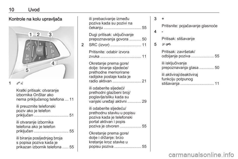 OPEL ADAM 2017.5  Priručnik za Infotainment (in Croatian) 10UvodKontrole na kolu upravljača
1qw
Kratki pritisak: otvaranje
izbornika OnStar ako
nema priključenog telefona ...11
ili preuzmite telefonski
poziv ako je telefon
priključen .....................