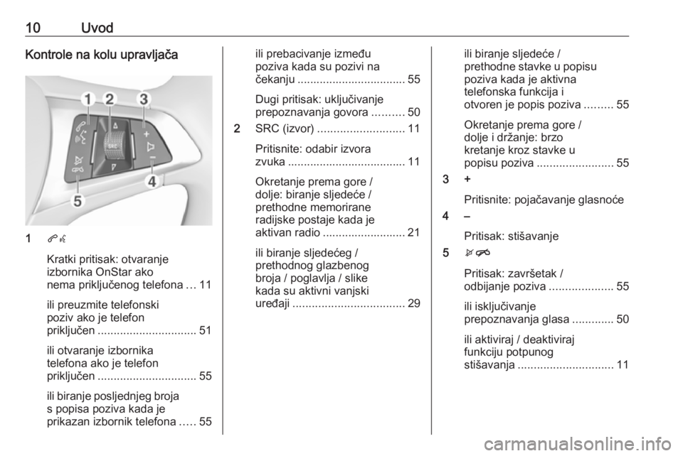 OPEL ADAM 2018.5  Priručnik za Infotainment (in Croatian) 10UvodKontrole na kolu upravljača
1qw
Kratki pritisak: otvaranje
izbornika OnStar ako
nema priključenog telefona ...11
ili preuzmite telefonski
poziv ako je telefon
priključen .....................