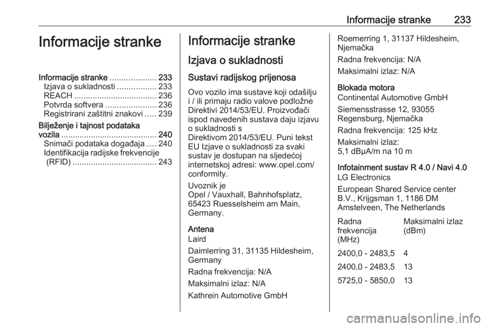 OPEL ADAM 2018.5 Priručnik za vlasnika (in Croatian) Informacije stranke233Informacije strankeInformacije stranke....................233
Izjava o sukladnosti .................233
REACH .................................... 236
Potvrda softvera .......... OPEL ADAM 2018.5 Priručnik za vlasnika (in Croatian) Informacije stranke233Informacije strankeInformacije stranke....................233
Izjava o sukladnosti .................233
REACH .................................... 236
Potvrda softvera ..........