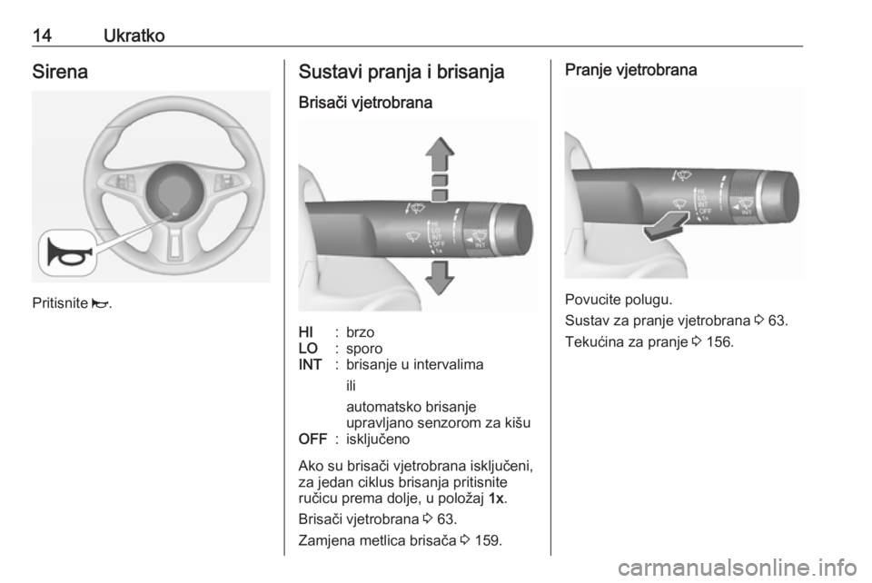 OPEL ADAM 2019  Priručnik za vlasnika (in Croatian) 14UkratkoSirena
Pritisnite j.
Sustavi pranja i brisanja
Brisači vjetrobranaHI:brzoLO:sporoINT:brisanje u intervalima
ili
automatsko brisanje
upravljano senzorom za kišuOFF:isključeno
Ako su brisač