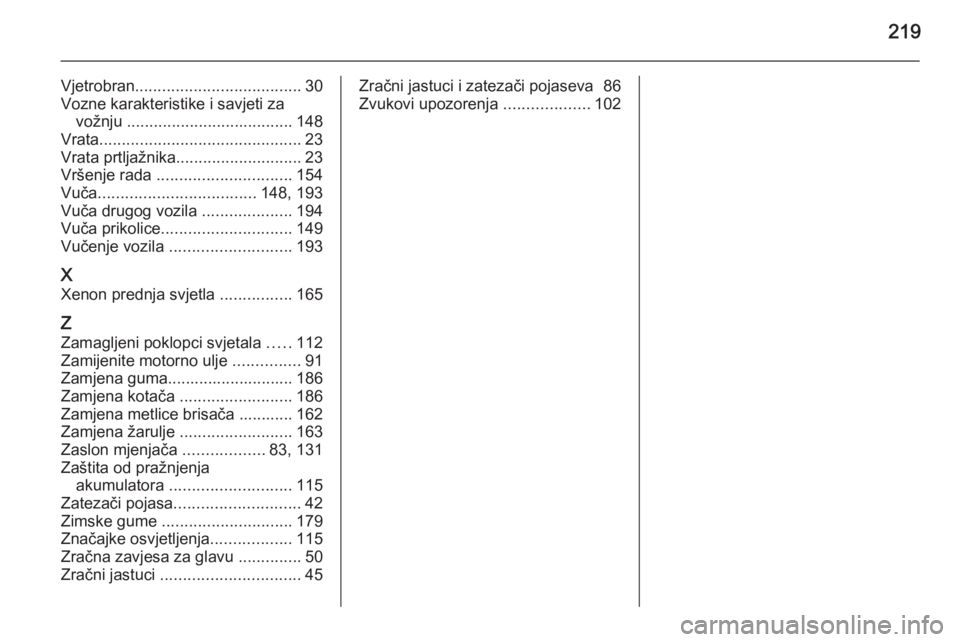 OPEL ANTARA 2014.5  Priručnik za vlasnika (in Croatian) 219
Vjetrobran..................................... 30
Vozne karakteristike i savjeti za vožnju  ..................................... 148
Vrata ............................................. 23
Vrata