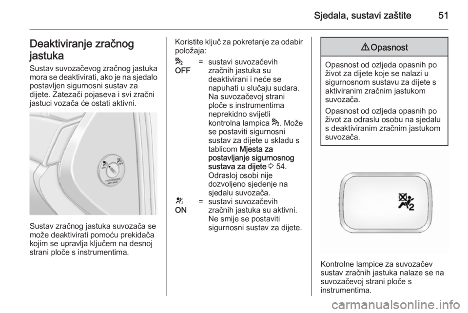 OPEL ANTARA 2014.5  Priručnik za vlasnika (in Croatian) Sjedala, sustavi zaštite51Deaktiviranje zračnog
jastuka
Sustav suvozačevog zračnog jastuka mora se deaktivirati, ako je na sjedalo
postavljen sigurnosni sustav za
dijete. Zatezači pojaseva i svi 