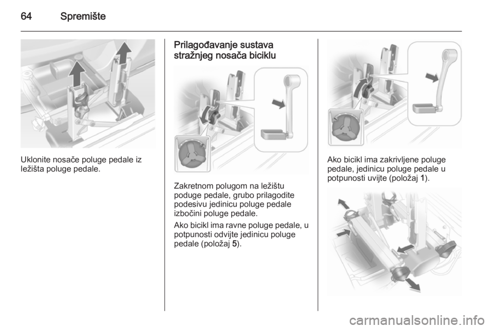 OPEL ANTARA 2014.5  Priručnik za vlasnika (in Croatian) 64Spremište
Uklonite nosače poluge pedale iz
ležišta poluge pedale.
Prilagođavanje sustava
stražnjeg nosača biciklu
Zakretnom polugom na ležištu
poduge pedale, grubo prilagodite
podesivu jedi