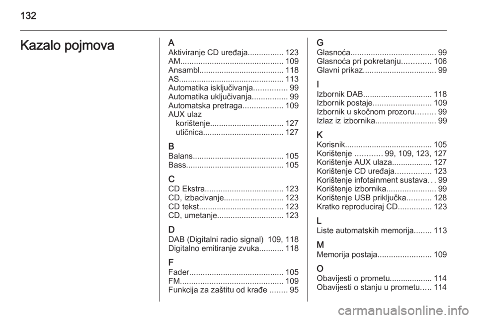 OPEL ANTARA 2015  Priručnik za Infotainment (in Croatian) 132Kazalo pojmovaAAktiviranje CD uređaja ................123
AM .............................................. 109
Ansambl...................................... 118
AS ...............................