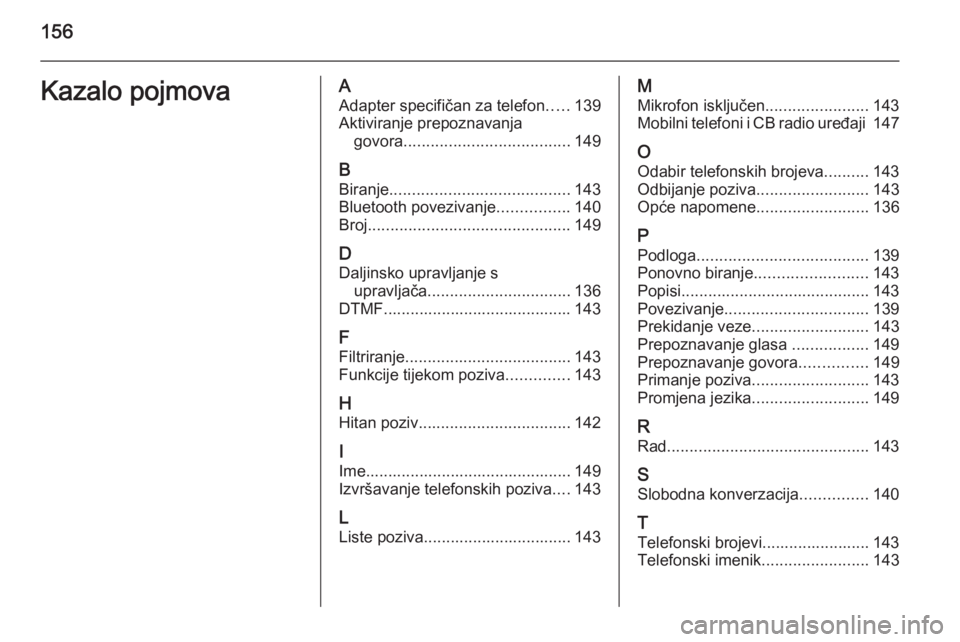 OPEL ANTARA 2015  Priručnik za Infotainment (in Croatian) 156Kazalo pojmovaAAdapter specifičan za telefon .....139
Aktiviranje prepoznavanja govora ..................................... 149
B
Biranje ........................................ 143
Bluetooth po