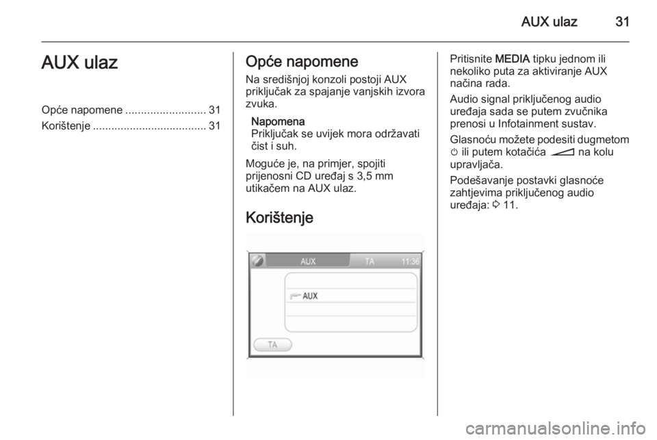 OPEL ANTARA 2015  Priručnik za Infotainment (in Croatian) AUX ulaz31AUX ulazOpće napomene..........................31
Korištenje ..................................... 31Opće napomene
Na središnjoj konzoli postoji AUX
priključak za spajanje vanjskih izvo