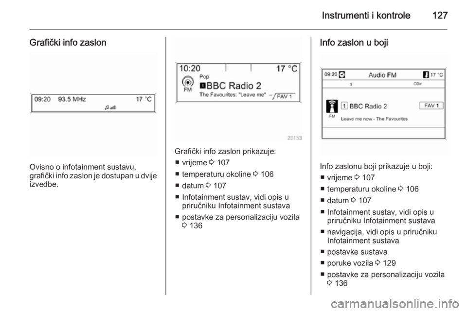 OPEL ASTRA J 2014  Priručnik za vlasnika (in Croatian) Instrumenti i kontrole127
Grafički info zaslon
Ovisno o infotainment sustavu,
grafički info zaslon je dostupan u dvije
izvedbe.
Grafički info zaslon prikazuje:
■ vrijeme  3 107
■ temperaturu ok