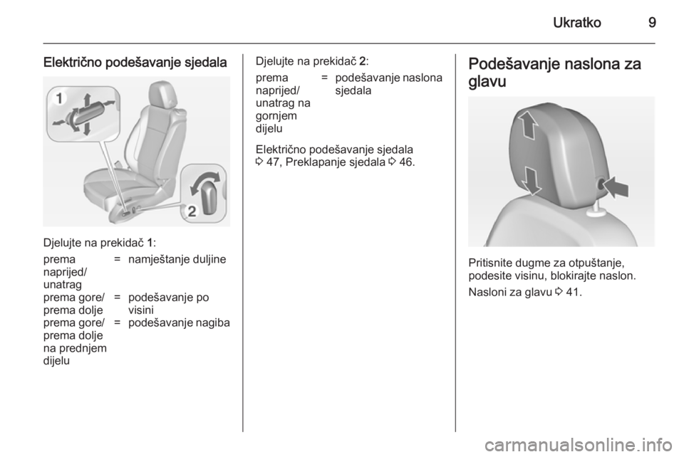 OPEL ASTRA J 2014.5  Priručnik za vlasnika (in Croatian) Ukratko9
Električno podešavanje sjedala
Djelujte na prekidač 1:
prema
naprijed/
unatrag=namještanje duljineprema gore/
prema dolje=podešavanje po
visiniprema gore/
prema dolje
na prednjem
dijelu=