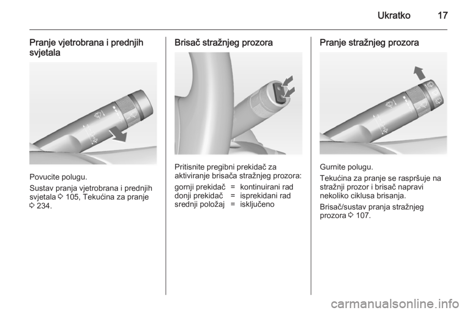 OPEL ASTRA J 2014.5  Priručnik za vlasnika (in Croatian) Ukratko17
Pranje vjetrobrana i prednjih
svjetala
Povucite polugu.
Sustav pranja vjetrobrana i prednjih
svjetala  3 105, Tekućina za pranje
3  234.
Brisač stražnjeg prozora
Pritisnite pregibni preki