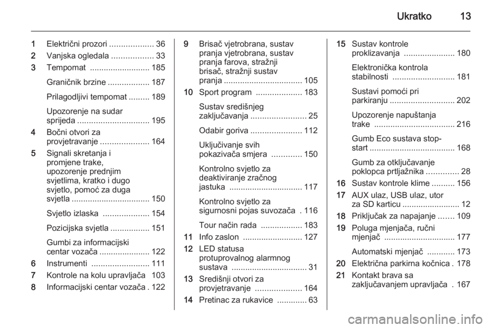 OPEL ASTRA J 2015 Priručnik za vlasnika (in Croatian) Ukratko13
1Električni prozori ...................36
2 Vanjska ogledala ..................33
3 Tempomat .......................... 185
Graničnik brzine ..................187
Prilagodljivi tempomat . OPEL ASTRA J 2015 Priručnik za vlasnika (in Croatian) Ukratko13
1Električni prozori ...................36
2 Vanjska ogledala ..................33
3 Tempomat .......................... 185
Graničnik brzine ..................187
Prilagodljivi tempomat .