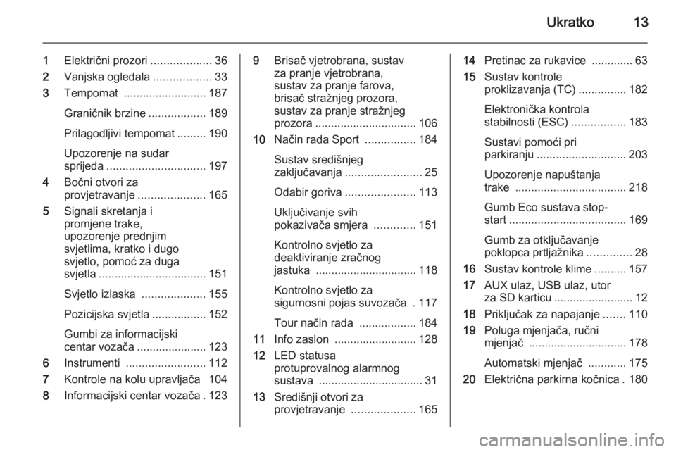 OPEL ASTRA J 2015.75  Priručnik za vlasnika (in Croatian) Ukratko13
1Električni prozori ...................36
2 Vanjska ogledala ..................33
3 Tempomat  .......................... 187
Graničnik brzine ..................189
Prilagodljivi tempomat .