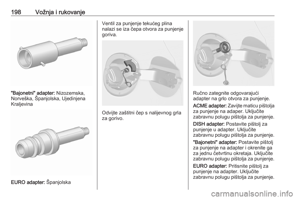 OPEL ASTRA J 2018.5 Priručnik za vlasnika (in Croatian) 198Vožnja i rukovanje
"Bajonetni" adapter: Nizozemska,
Norveška, Španjolska, Ujedinjena
Kraljevina
EURO adapter: Španjolska
Ventil za punjenje tekućeg plina
nalazi se iza čepa otvora za OPEL ASTRA J 2018.5 Priručnik za vlasnika (in Croatian) 198Vožnja i rukovanje
"Bajonetni" adapter: Nizozemska,
Norveška, Španjolska, Ujedinjena
Kraljevina
EURO adapter: Španjolska
Ventil za punjenje tekućeg plina
nalazi se iza čepa otvora za