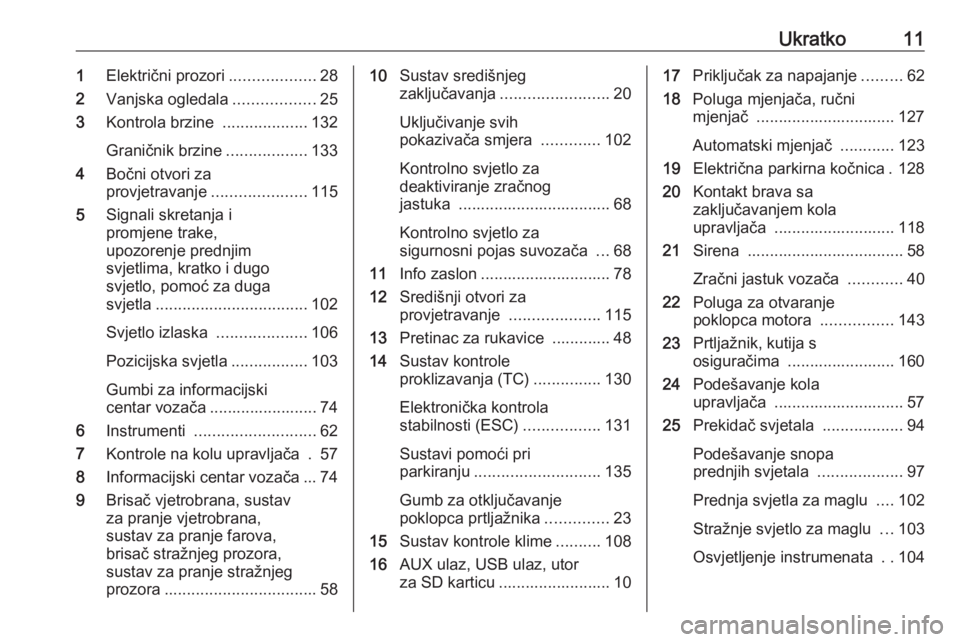 OPEL ASTRA J 2019  Priručnik za vlasnika (in Croatian) Ukratko111Električni prozori ...................28
2 Vanjska ogledala ..................25
3 Kontrola brzine  ...................132
Graničnik brzine ..................133
4 Bočni otvori za
provjet