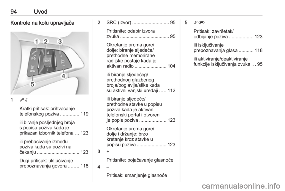 OPEL ASTRA K 2016.5  Priručnik za Infotainment (in Croatian) 94UvodKontrole na kolu upravljača
1qw
Kratki pritisak: prihvaćanje telefonskog poziva ..............119
ili biranje posljednjeg broja
s popisa poziva kada je
prikazan izbornik telefona ...123
ili pr